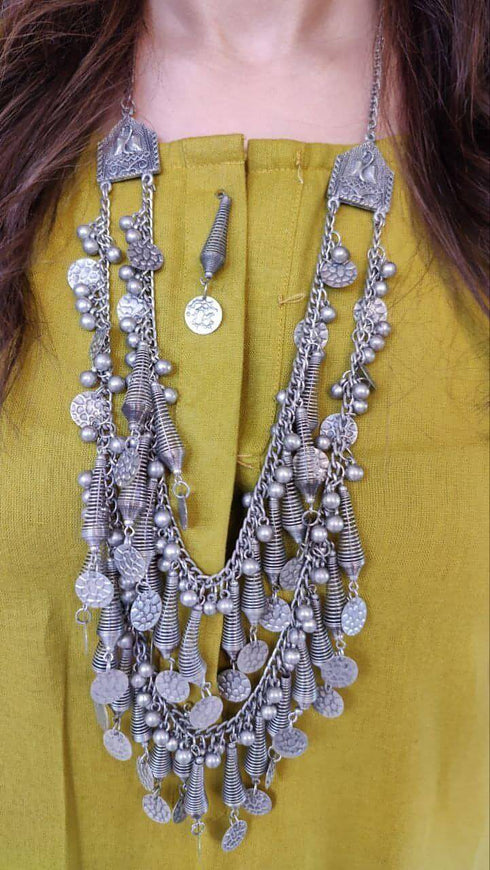 Indo Western Mustard Green Dress With Necklace